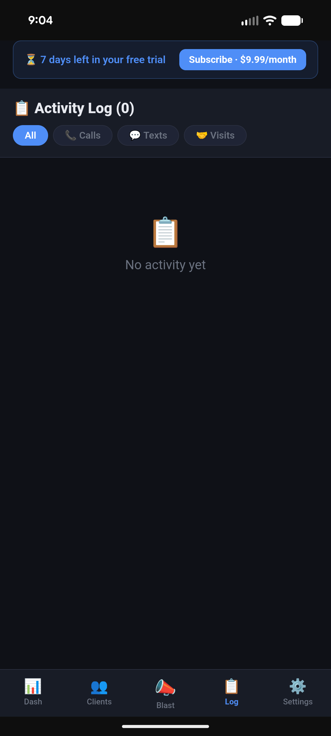 Activity Log screen