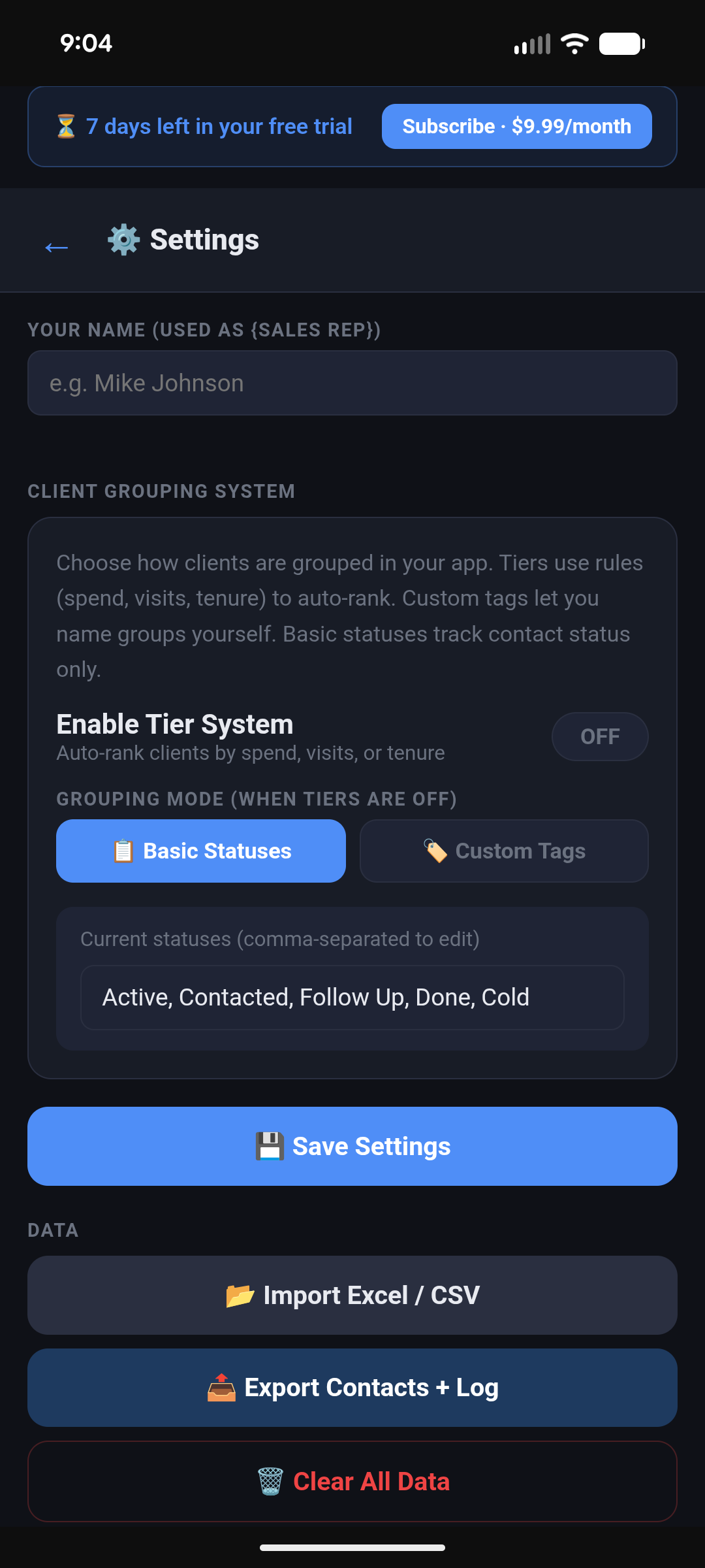 Settings screen